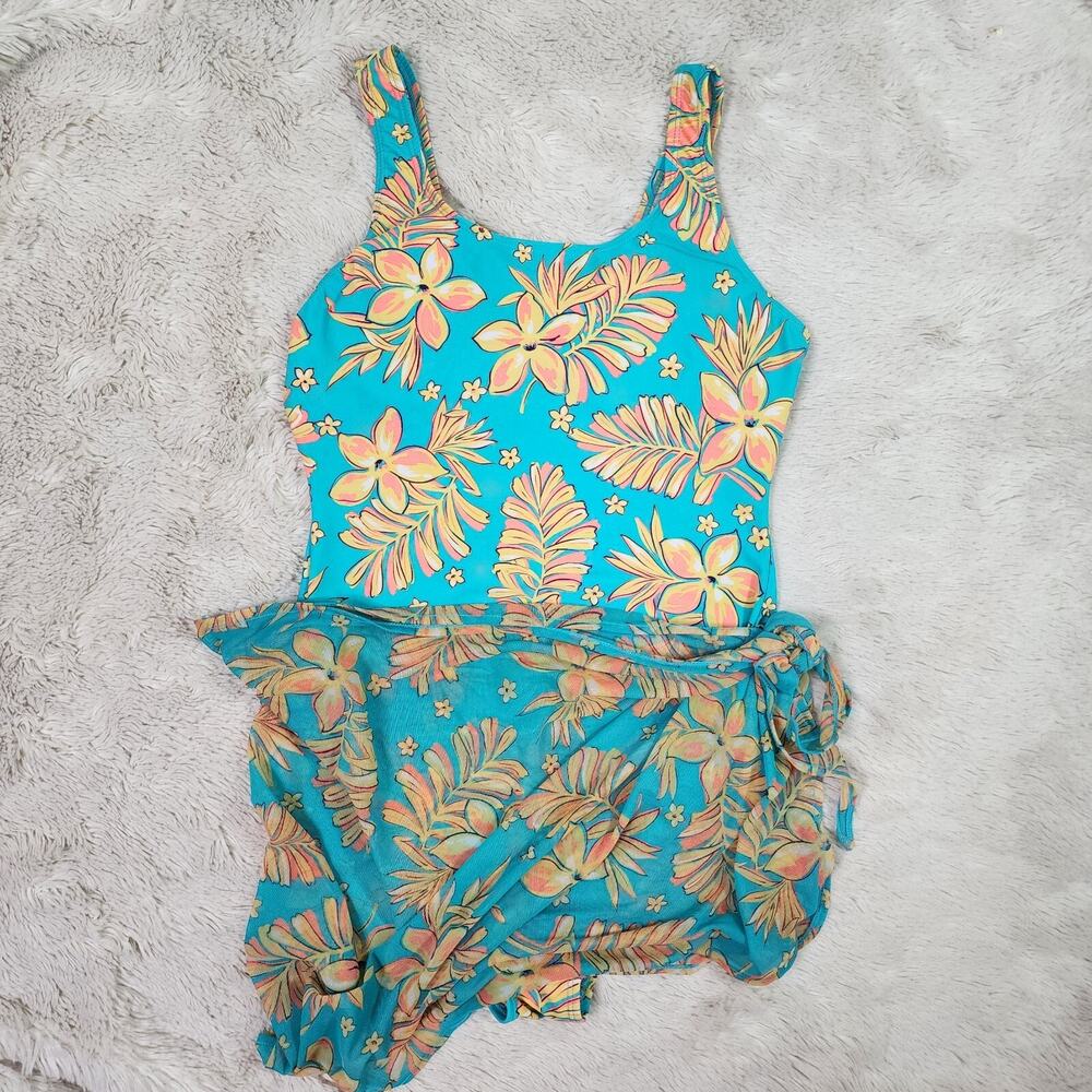 BEACH CABANA ONE PIECE Turquoise & Yellow Swimsuit w/ Tie Skirt Scarf Large 2 Pc